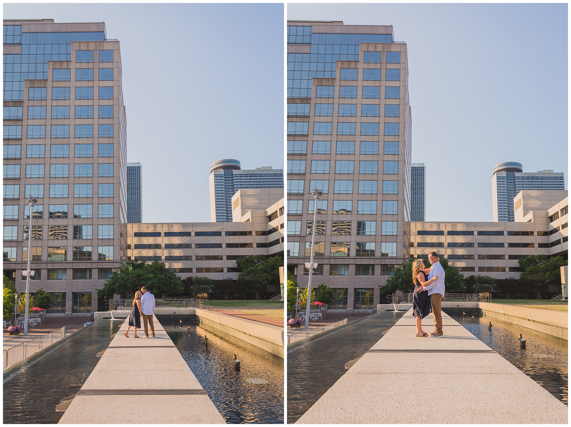 Engagement photography at Crown Center and Liberty Memorial by Kansas City wedding photographers Wisdom-Watson Weddings.