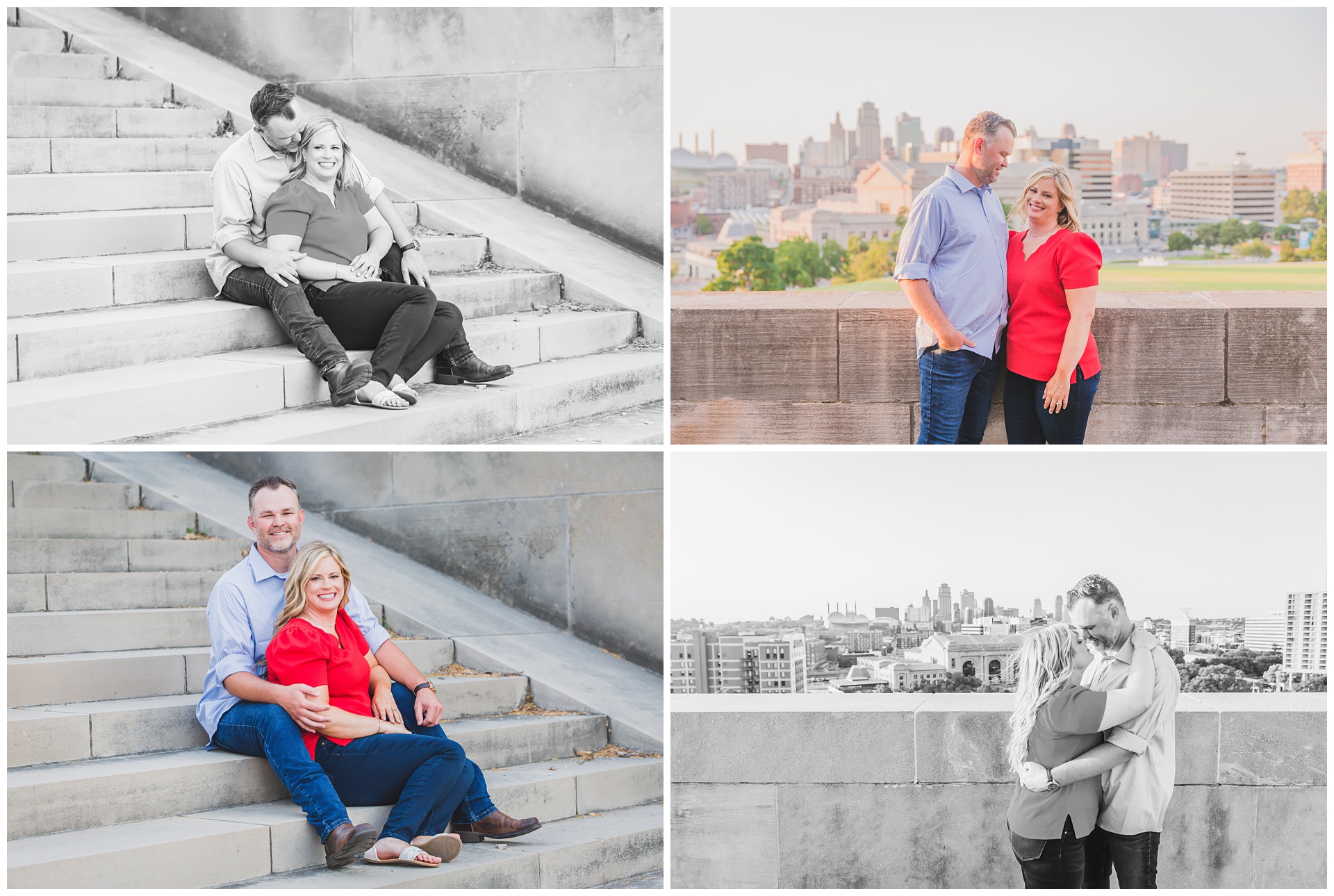 Engagement photography at Crown Center and Liberty Memorial by Kansas City wedding photographers Wisdom-Watson Weddings.