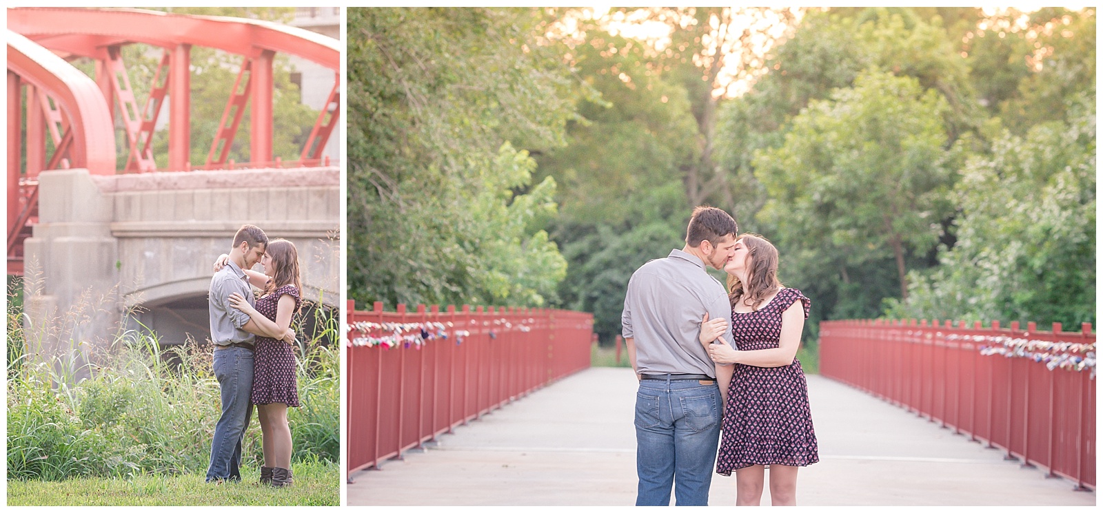 An engagement session at the Old Red Bridge in Minor Park in Kansas City.