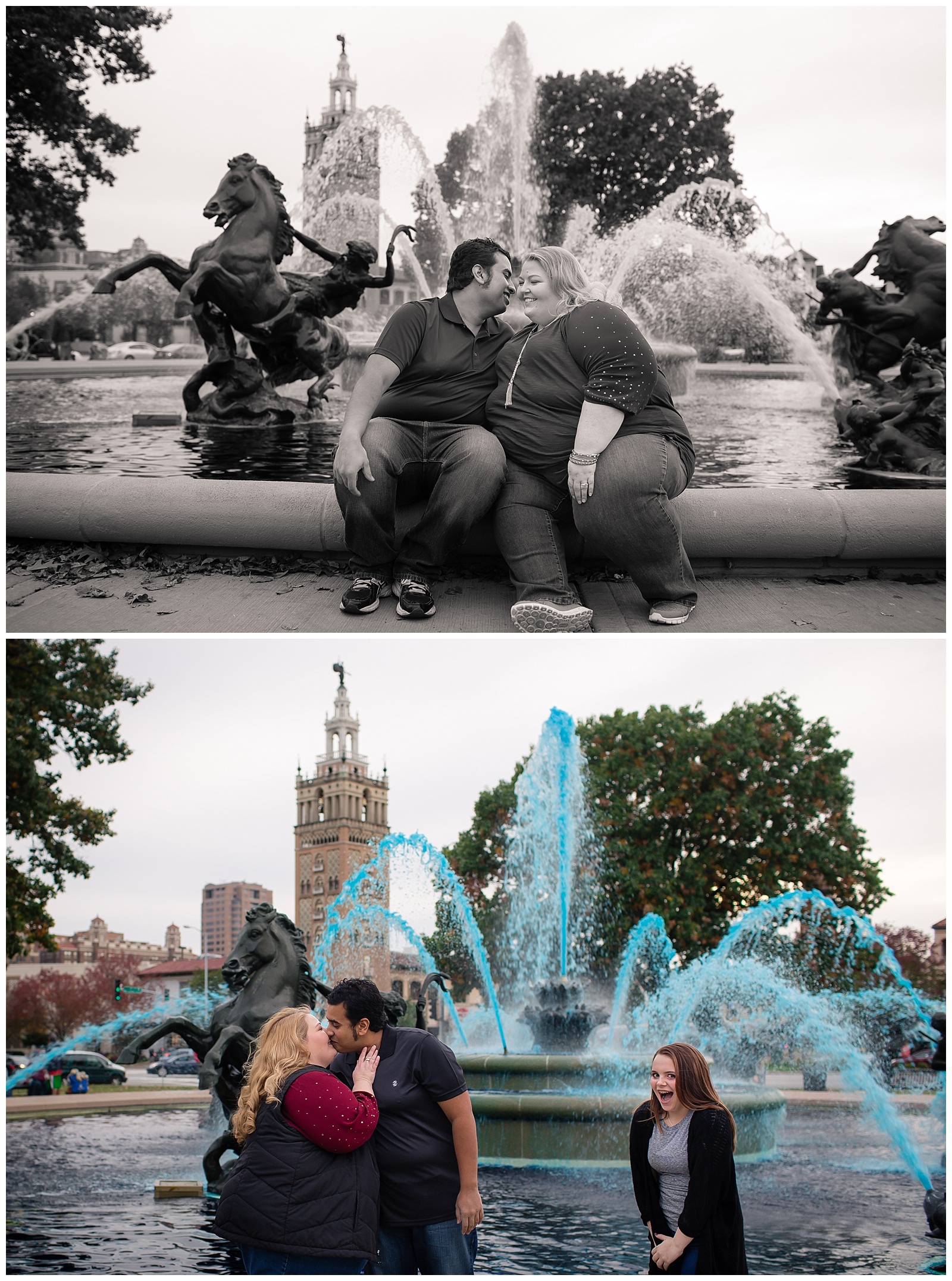 An engagement session at the J.C. Nichols Memorial Fountain in Kansas City.