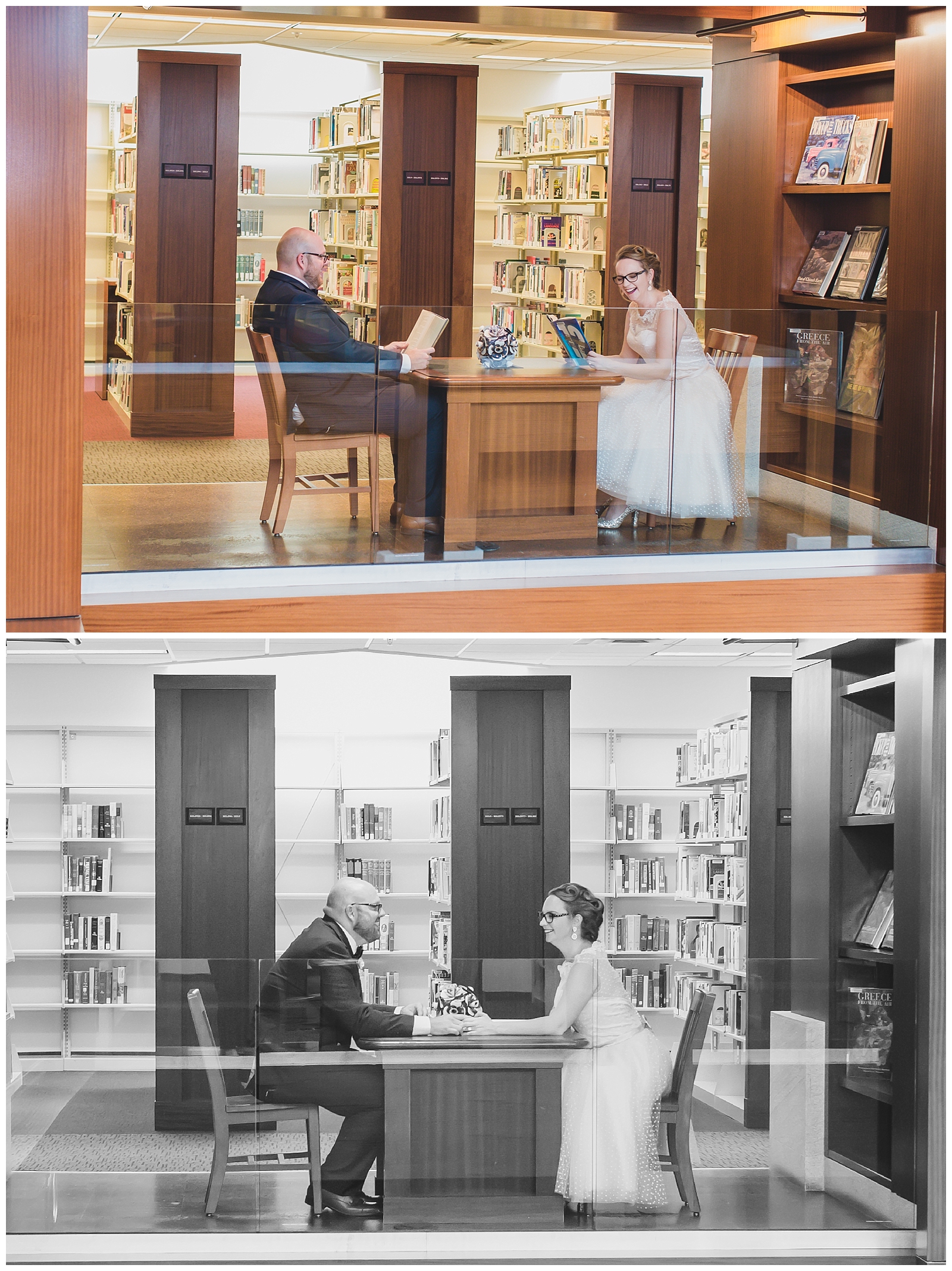 Wedding photography at the Kansas City Public Library by Kansas City wedding photographers Wisdom-Watson Weddings.