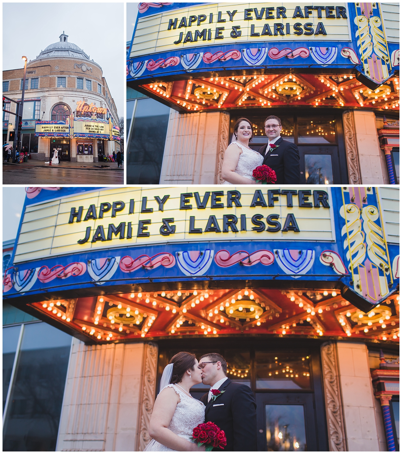 Wedding photography at Uptown Theater in Kansas City by Kansas City wedding photographers Wisdom-Watson Weddings.