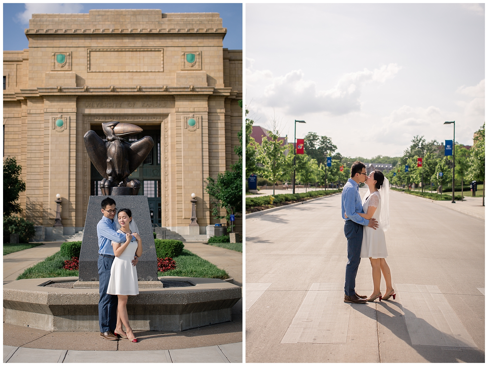 Engagement photography at the University of Kansas by Kansas City wedding photographers Wisdom-Watson Weddings.