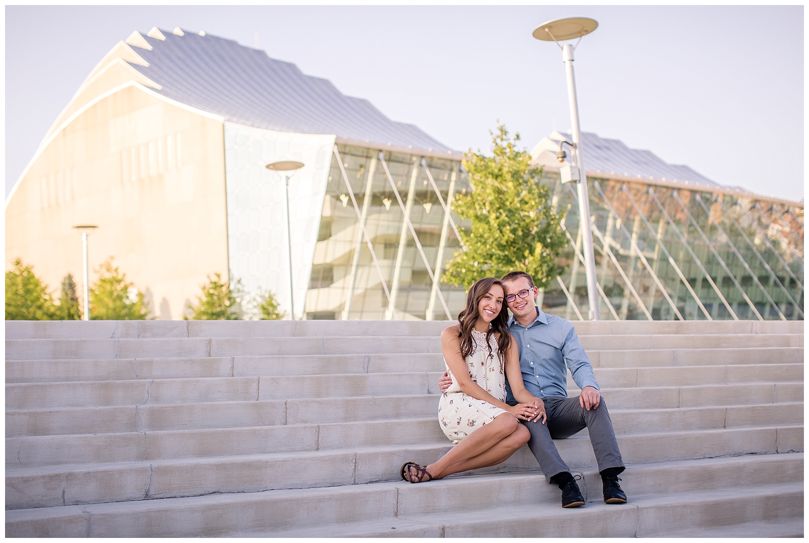 Engagement photography at the Kauffman Center for the Performing Arts and the Crossroads Arts District by Kansas City wedding photographers Wisdom-Watson Weddings.