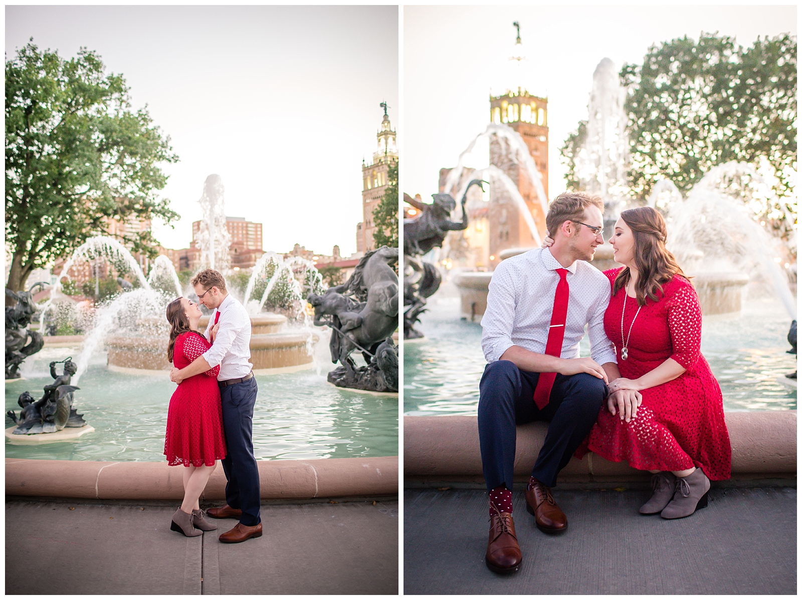 Engagement photography at the J.C. Nichols Memorial Fountain by Kansas City wedding photographers Wisdom-Watson Weddings.