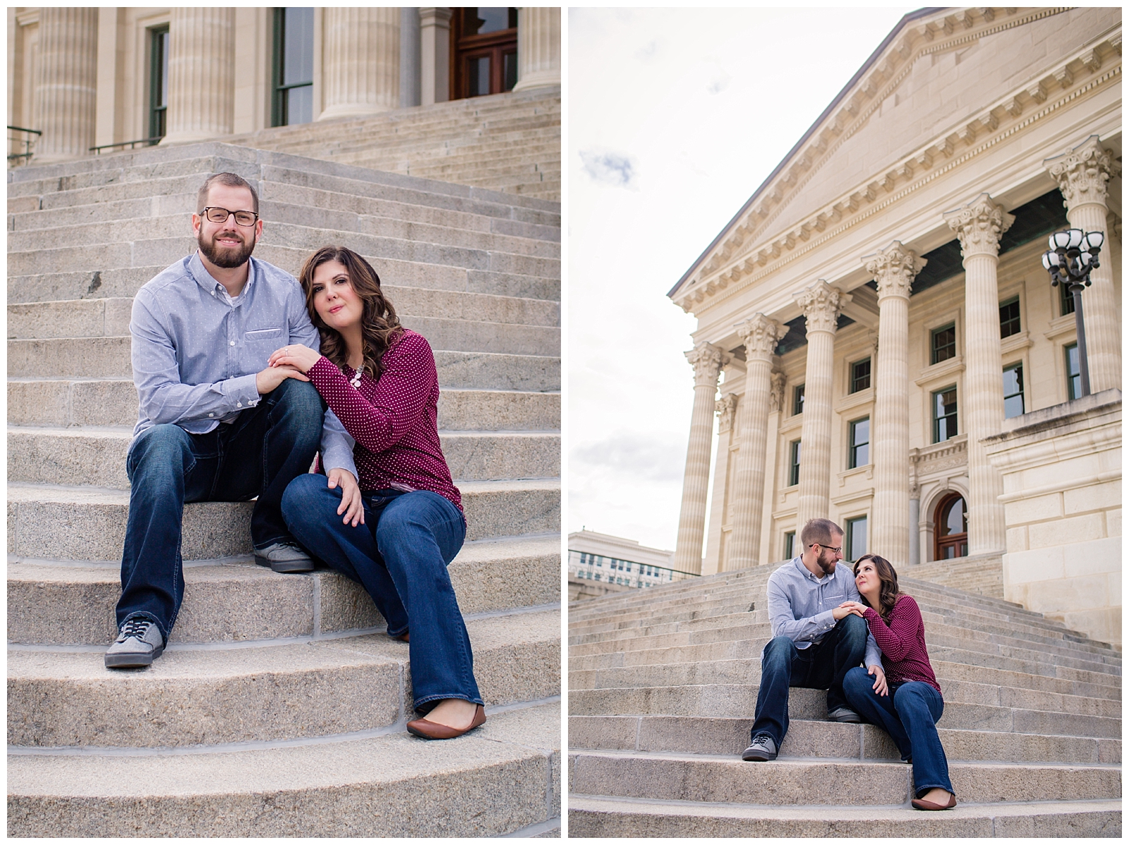 Engagement photography at the Kansas State Capitol in Topeka, Kansas, by Kansas City wedding photographers Wisdom-Watson Weddings.