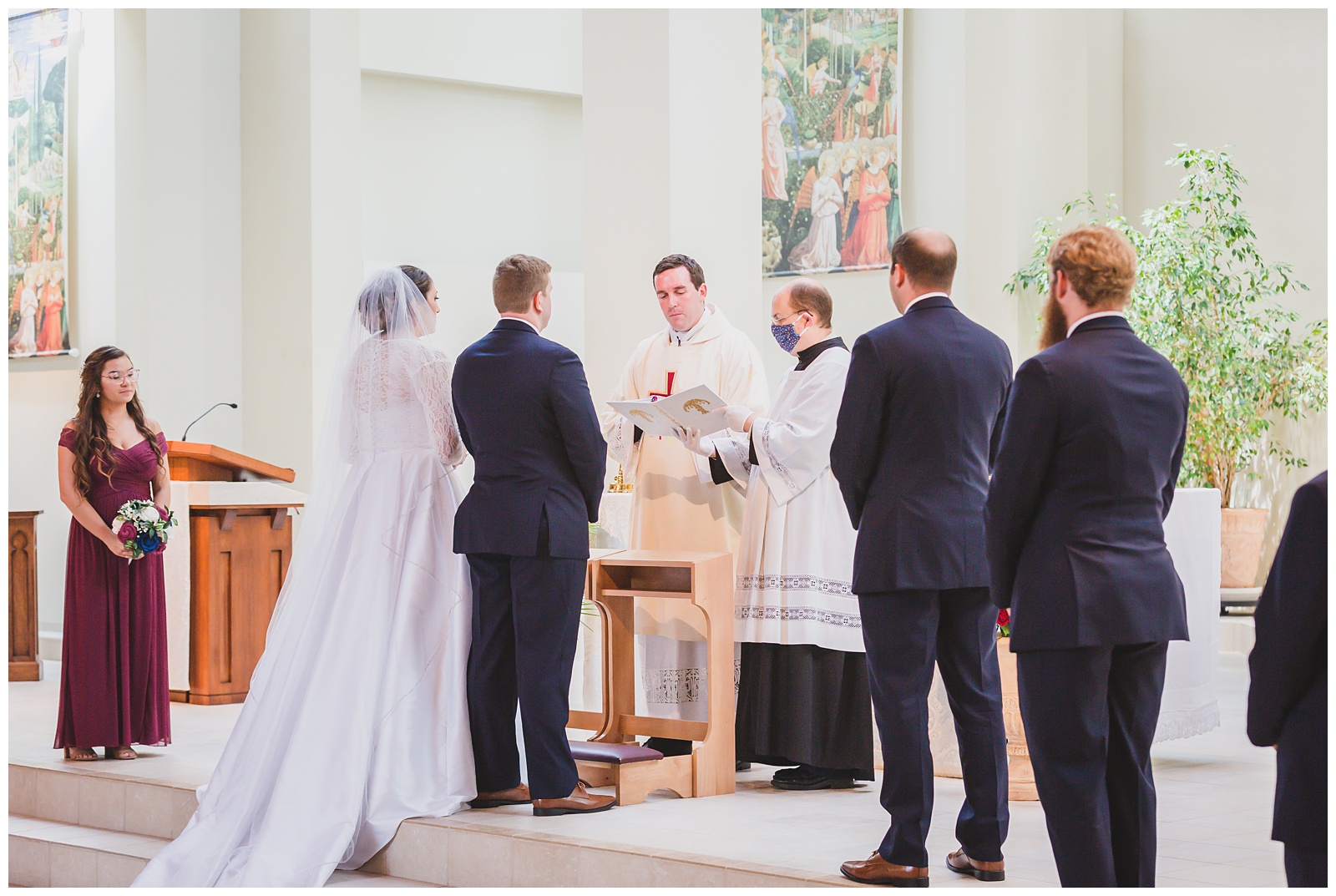 Wedding photography at Holy Angels Catholic Church in Basehor, Kansas, by Kansas City wedding photographers Wisdom-Watson Weddings.