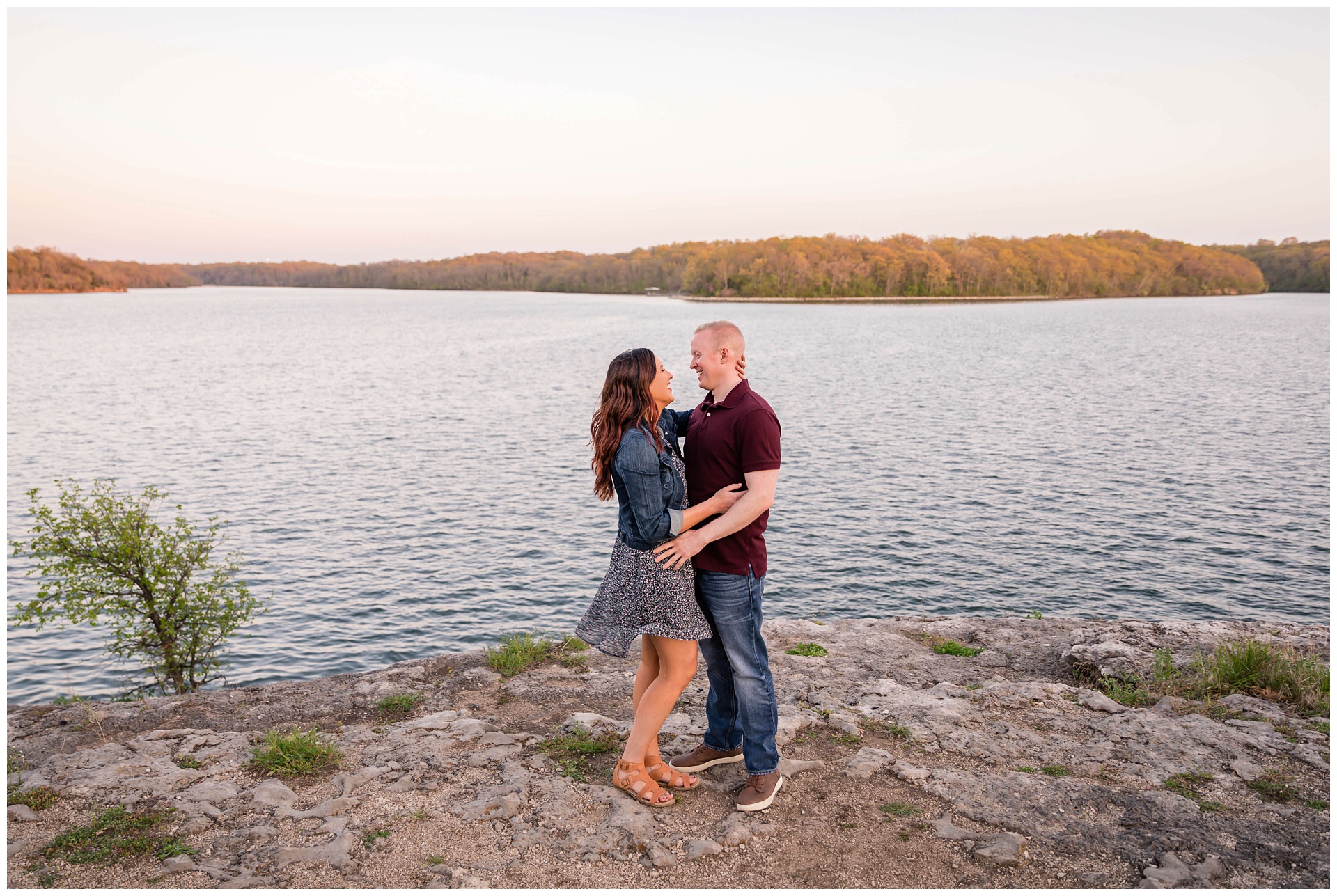 Engagement photography at Burr Oak Woods and Lake Jacomo in Blue Springs, Missouri, by Kansas City wedding photographers Wisdom-Watson Weddings.