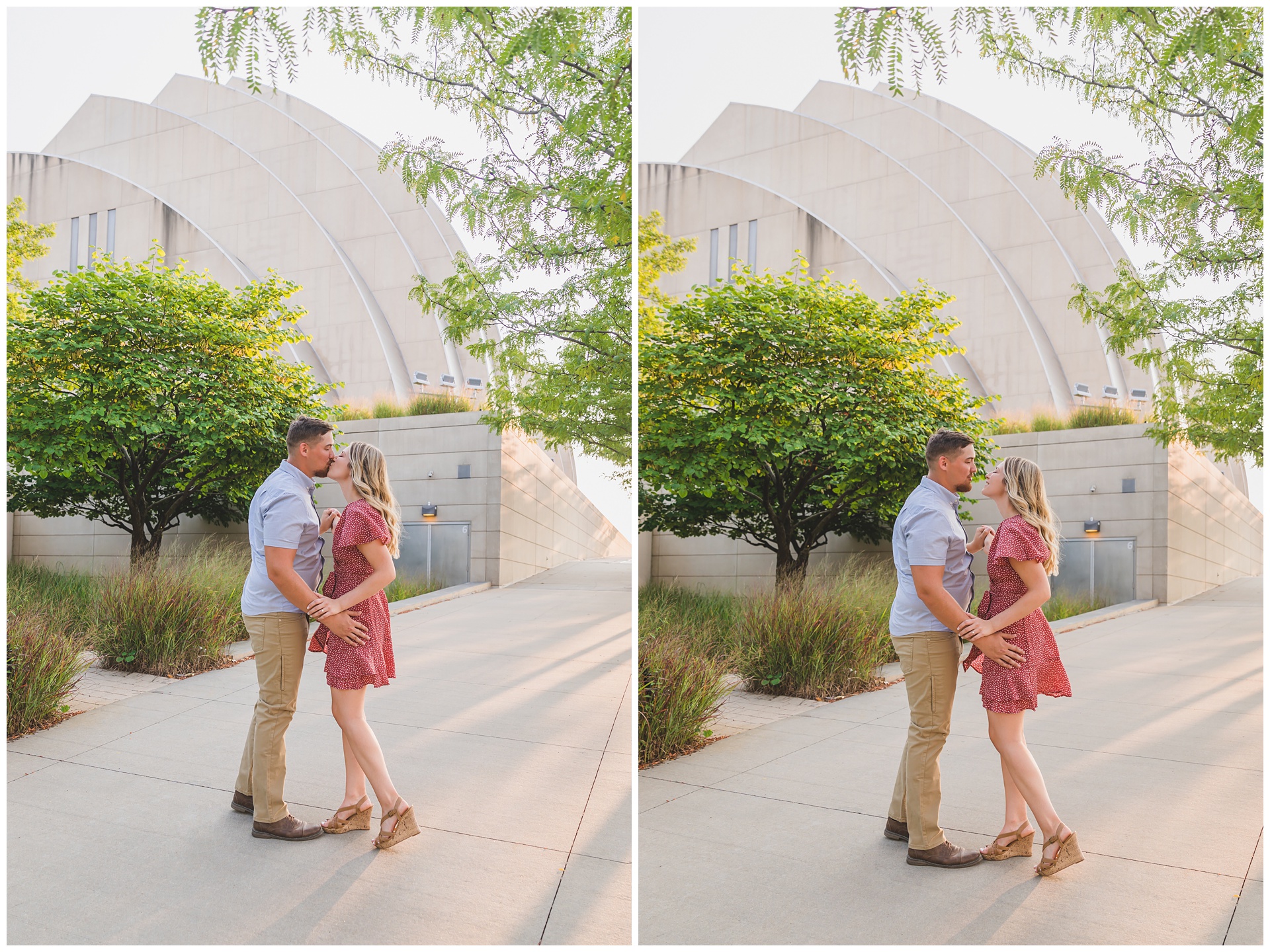 Engagement photography at the Kauffman Center and Penn Valley Park by Kansas City wedding photographers Wisdom-Watson Weddings.