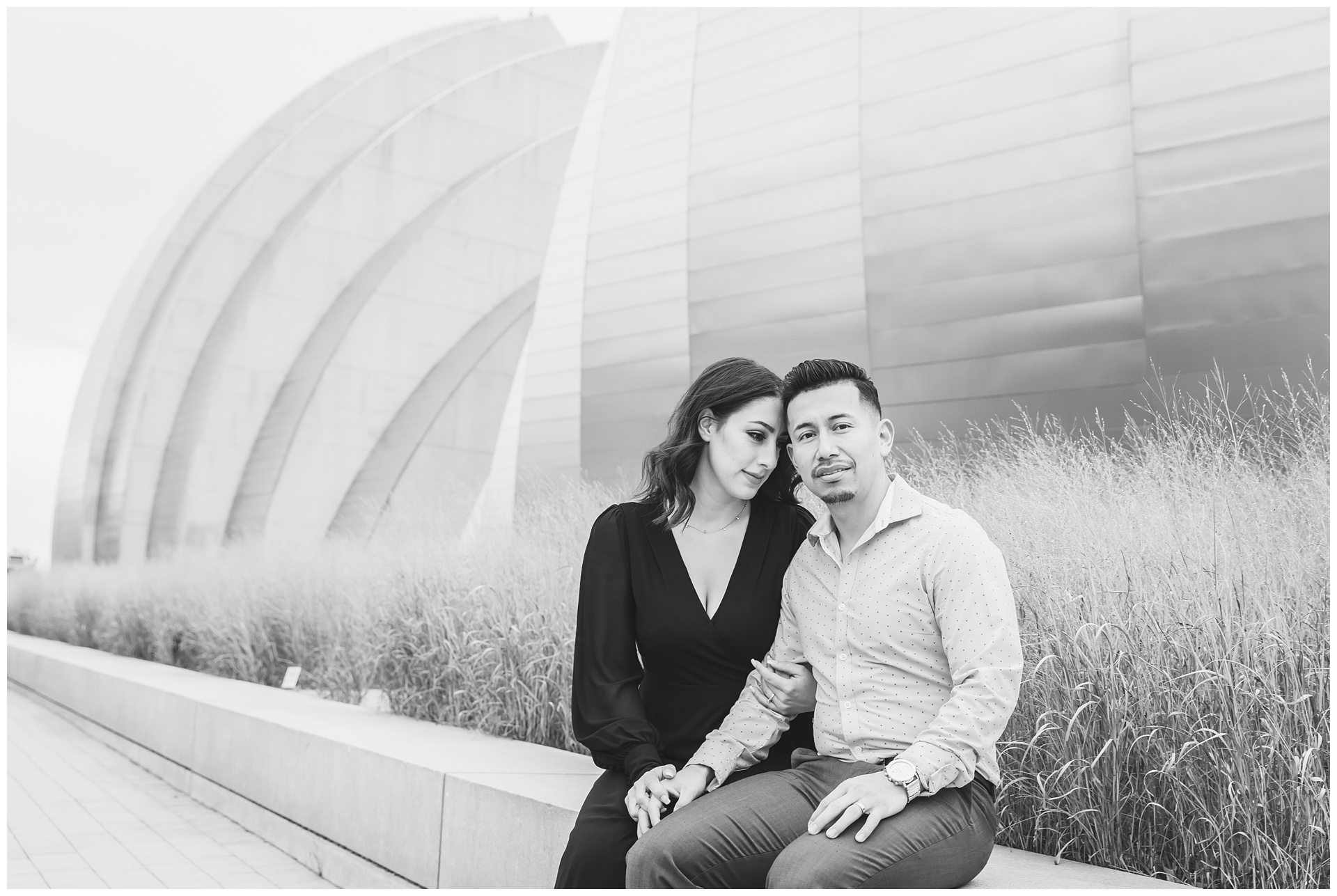 Engagement photography at Kauffman Center for the Performing Arts by Kansas City wedding photographers Wisdom-Watson Weddings.