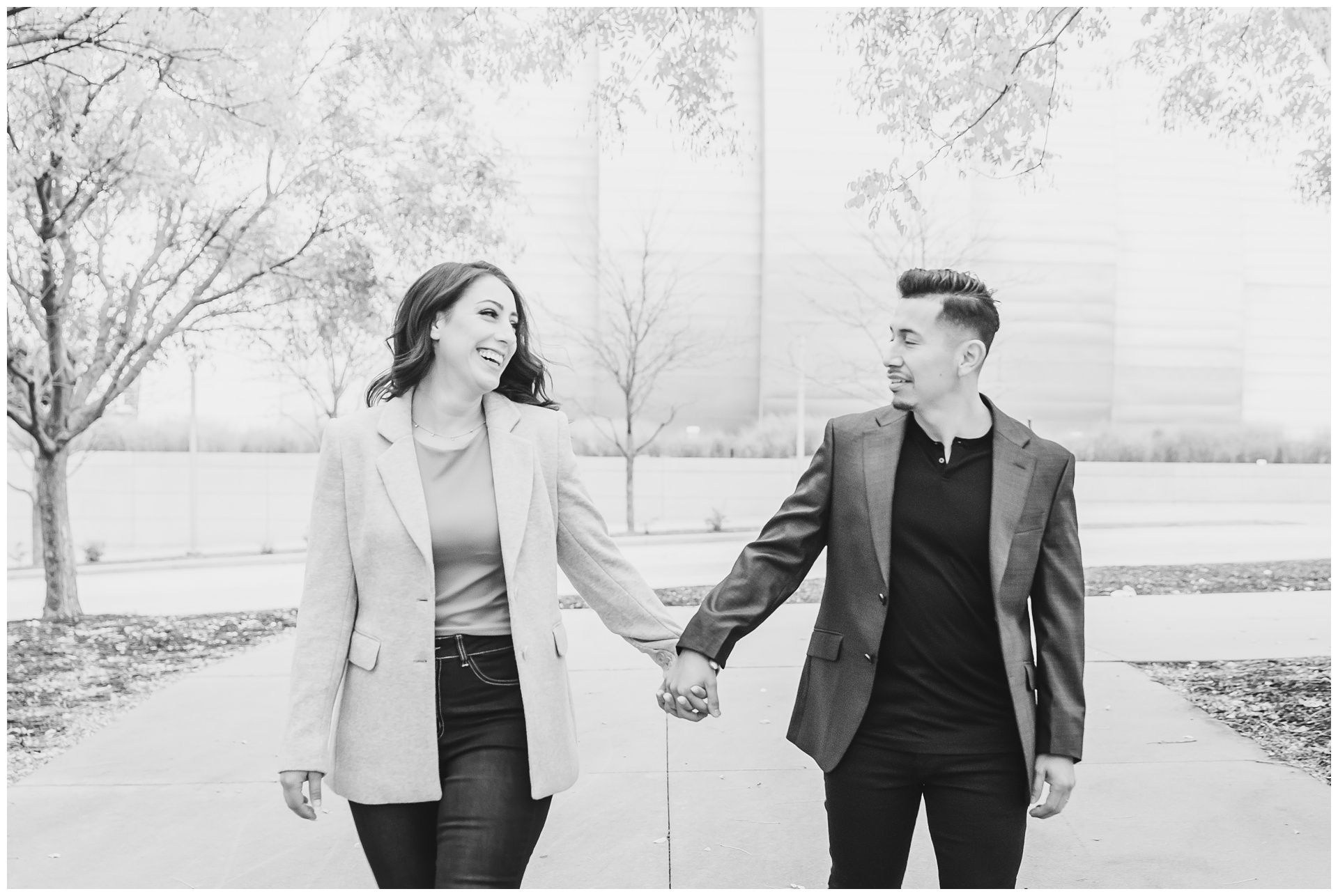 Engagement photography at Kauffman Center for the Performing Arts by Kansas City wedding photographers Wisdom-Watson Weddings.